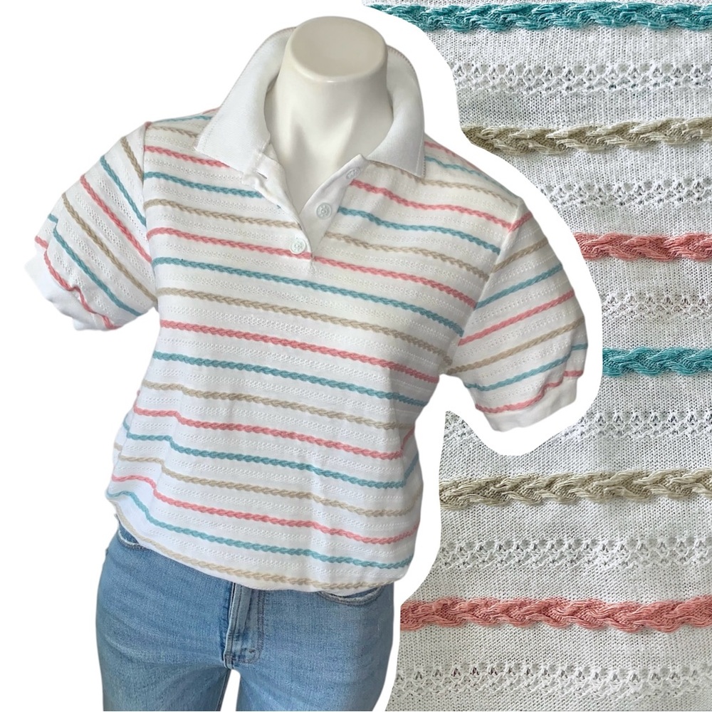 v i n t a g e :: Preppy Retro Embroidered Striped Polo Top